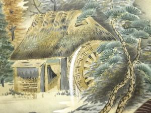アンティーク　富士に水車小屋模様男物長襦袢